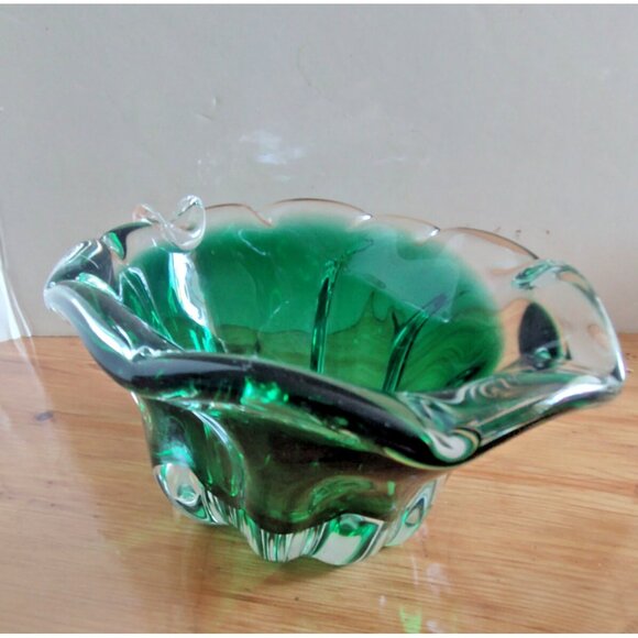 Vintage Murano Hand Blown Emerald Green Glass Cigar Ashtray 3 Lbs. - Picture 10 of 12